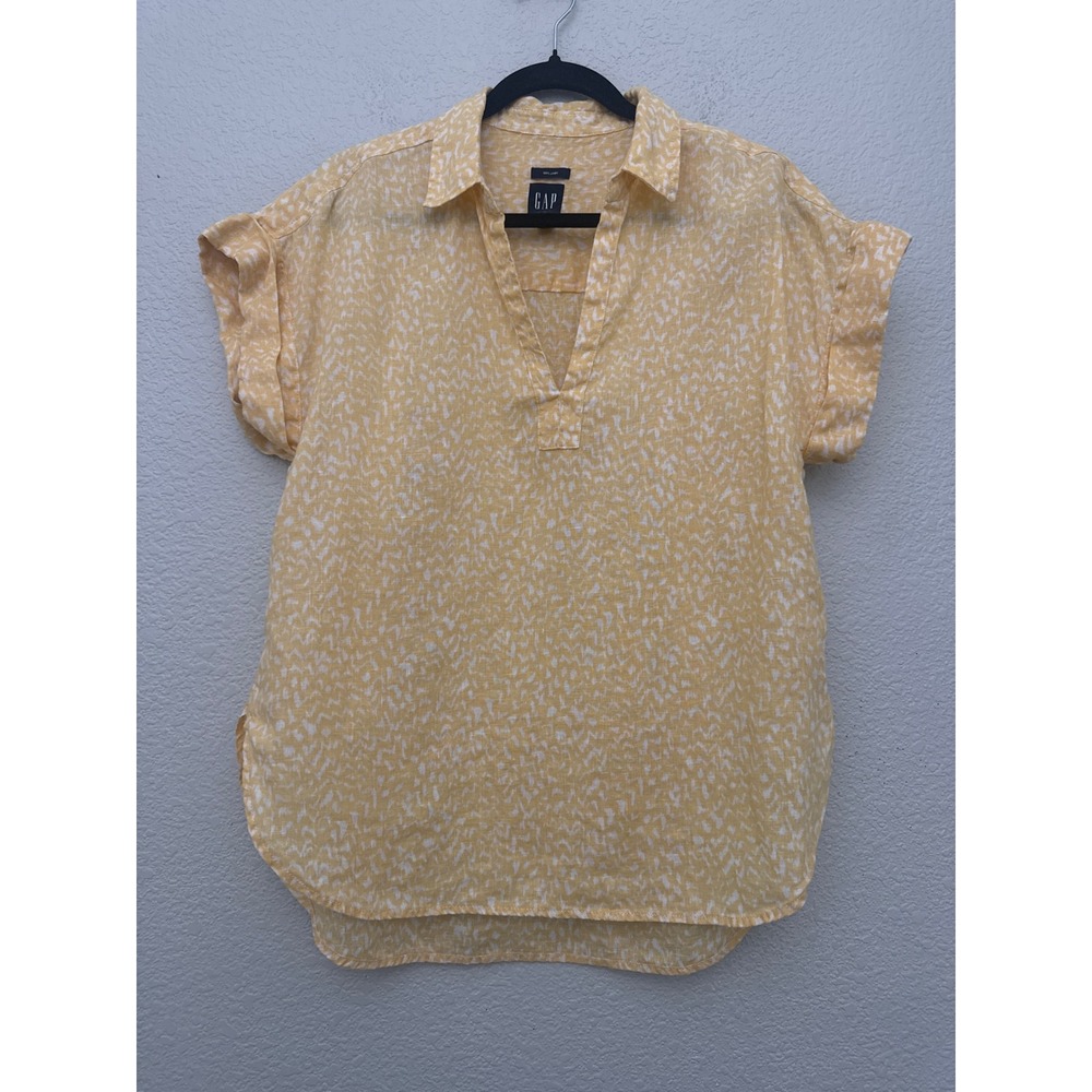 GAP Yellow Print 100% Linen‎ Short Sleeve Split Neck Popover Blouse Top Medium